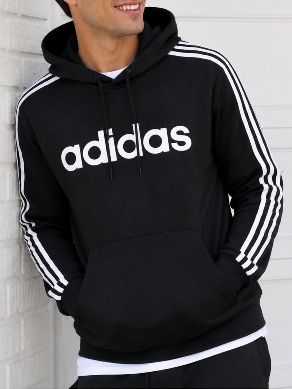 adidas Essentials Fleece Hoodie 3-Stripe Black White Logo Mens L